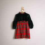 CHRISTMAS DRESS IN VELLUTO VERDE E TARTAN ROSSO